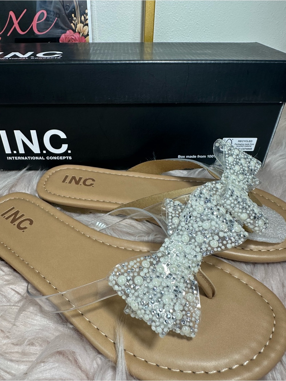 INC International Concepts Pearl-Embellished Clear Bow Sandals - Tan